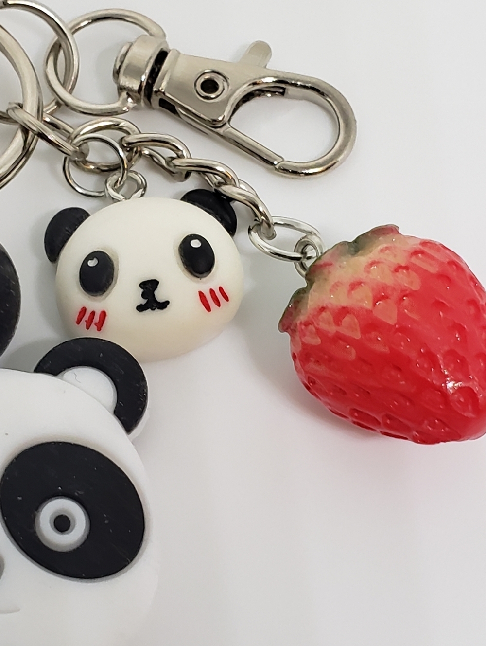 Handmade Silicone Focal Beaded Kawaii Strawberry Panda Keychain - Picture 3 of 6